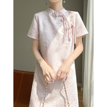 重工提花日常年輕款醋酸緞面旗袍裙女夏復古新中式國風短袖連衣裙