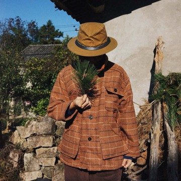 棕色羊毛格 毛面料 多兜獵裝 中性燈芯絨翻領夾克外套