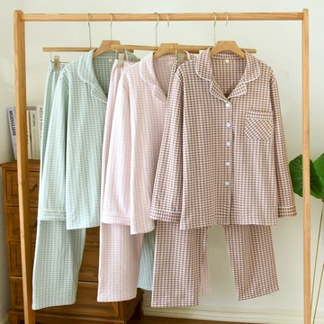 春秋冬德絨保暖睡衣居家服套裝情侶長袖長褲格子家居服 簡約休閒大尺碼男女士睡衣