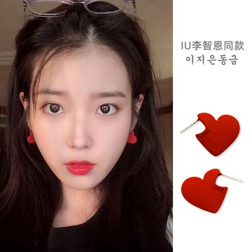 925純銀愛心耳環女適合過年的耳釘紅色耳飾年新款潮秋冬耳墜