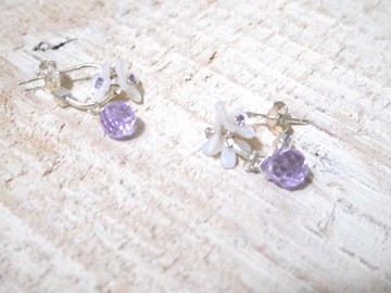 純銀白蝶貝立體小花紫柔色水滴石英