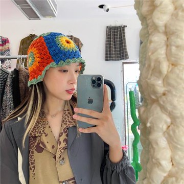 UncleYao/拍照敲擊好看！尼泊爾風格彩虹手工鉤花花邊包頭帽子女
