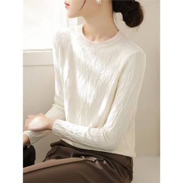 米白色長袖針織衫女裝圓領毛衣修身顯瘦氣質內搭打底上衣冬季新款