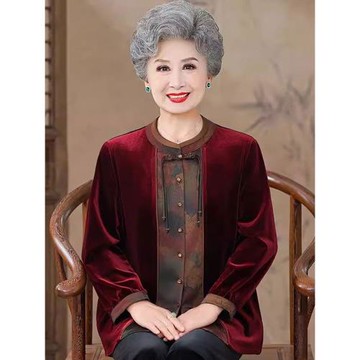 中老年媽媽秋裝長袖襯衫奶奶金絲絨薄外套婚禮喜慶老太太衣服