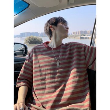 日系基礎廓形條紋短袖t恤男女夏季寬松美式復古拼色半袖情侶上衣