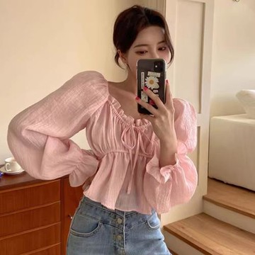 韓國chic春季甜美氣質V領拼接花邊系帶褶皺百搭顯瘦泡泡袖襯衫女