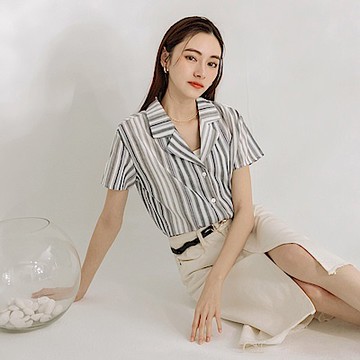 純棉細緻條紋西裝領短袖襯衫-OB嚴選