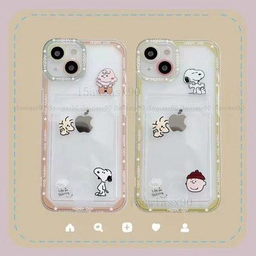卡通情侶史努與查理 簡約 iPhone14 13 12 11 Pro Max XR I8手機殼 可插卡卡套 透明軟殼