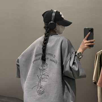 【隔日到貨 玫瑰印花】短袖上衣重磅短t麂皮絨印花T恤夏季新款美式復古風寬鬆上衣學生加大尺碼Oversize t恤男生T恤