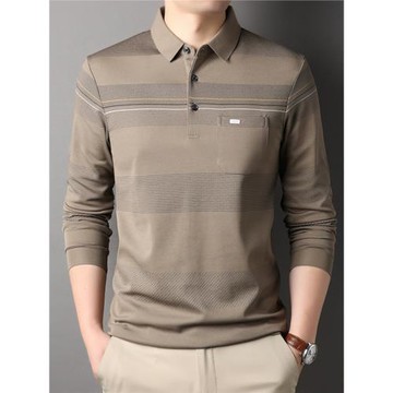 春秋季商務休閑男士翻領口袋長袖T恤中年寬松體恤衫爸爸裝polo衫
