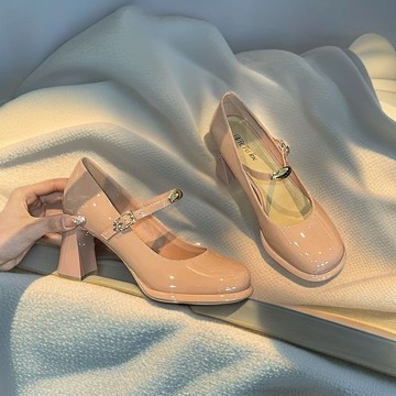 玛丽珍2025粗跟甜美小皮鞋气质高跟鞋一字带女鞋春款粗跟浅口