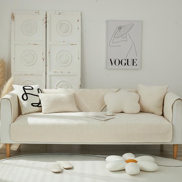 好物良品 4季通用厚感雪尼爾親膚系列 立體防滑刺繡沙發墊組合 1人座  日式米白  靠背巾 70 x 70cm + 坐墊巾 90 x 90cm