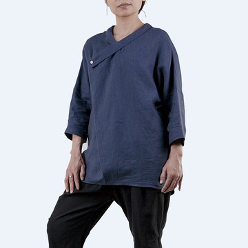 翻式斜領衫  亞麻 | 午夜藍色