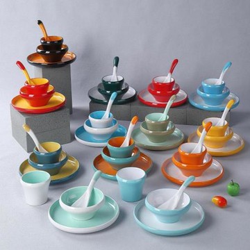 火鍋店擺臺四件網紅飯店餐廳套裝碗碟勺子杯商用仿瓷密胺餐具批發