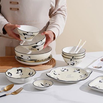釉下彩奶油小熊貓碗陶瓷餐具組合碗可愛北歐風家用盤子碗盤耐高溫