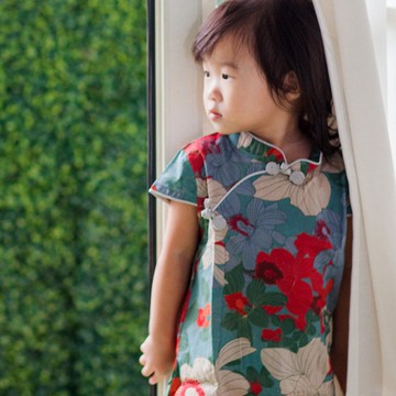 兒童旗袍 古風 四季款 花系列藍綠