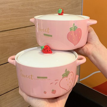 吃飯陶瓷碗帶蓋家用兒童帶手柄雙耳可愛少女上班族泡面碗湯碗日式