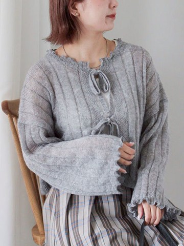 甜美荷葉捲邊雙綁帶短版開襟罩衫(0F001173910) - ehka sopo