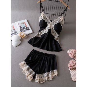 夏季性感睡衣女冰絲韓版蕾絲吊帶短褲套裝家居服帶胸墊聚攏