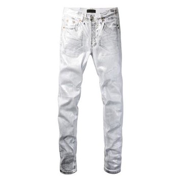 PUR jeans美式高街基礎燙金修身長褲緊身高街破洞緊身男牛仔褲子