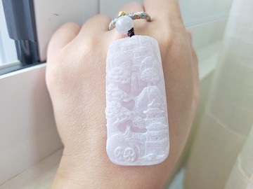 【純翠】天然翡翠 冰紫全透種水美山水牌 養成系 附臺灣證書