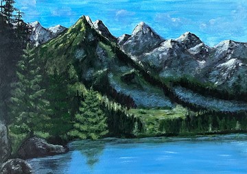 Morning in the mountains. Mountain landscape. Gouache paint