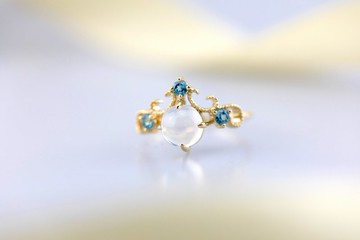 【復古系列】18K黃金復古月亮石托帕石戒指 天然彩寶戒指 R049