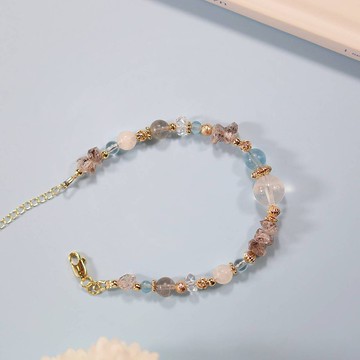 烟嵐。閃靈鑽 白幽靈 拓帕石 14K包金 水晶礦石設計手鍊