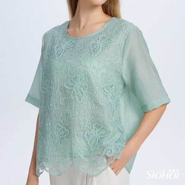 SiOHER D.雲紗緞光緹花精繡上衣  F-F加大  苔森綠｜SiOHER熹歐禾