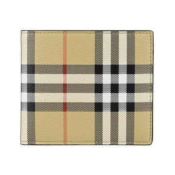 BURBERRY 巴寶莉 燙銀LOGO格紋PVC 8卡對折短夾(典藏米x黑)