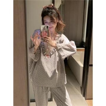 長袖睡衣女2024年春秋季新款韓版休閑條紋小碎花蕾絲荷葉邊家居服