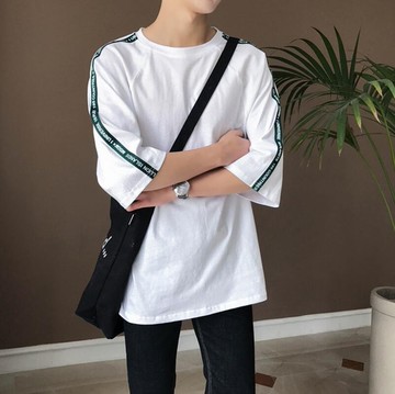 FINDSENSE品牌 時尚潮流 男 寬鬆 休閒 五分袖字母織帶 短袖T恤 圓領T恤 特色短T