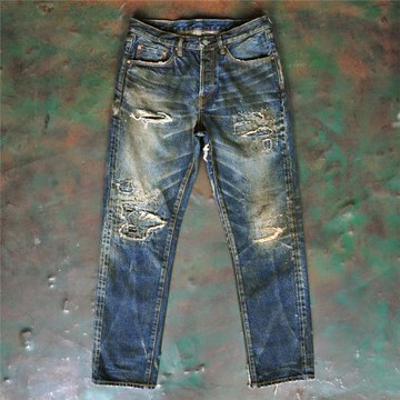 WIROTE威絡臟洗藍染破洞破壞刺子手縫補丁赤耳牛仔褲長褲重磅16oz