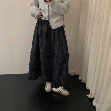 挑戰最低價 韓國半身裙 毛呢裙 法式磨毛格紋花苞半身裙2025秋冬韓系溫柔風鬆緊高腰顯瘦大擺傘裙