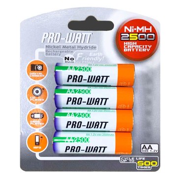 【華志PRO-WATT】2500mAh 3號AA 4入 鎳氫 充電電池(1.2V 重複充電500次)