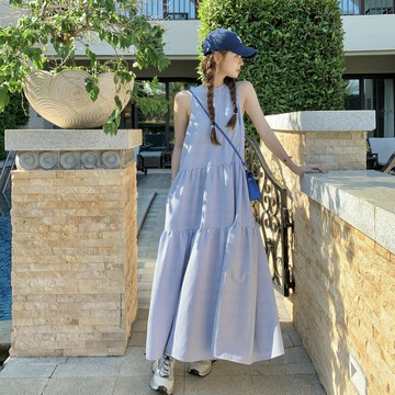 【巴黎精品】現貨+預購 連身裙無袖洋裝大尺碼長裙連衣裙A字裙休閒大碼女裝-條紋寬鬆高腰背心女裙子a1fc61