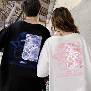 情侶款 前後圖 天使熊  純棉 短袖 短T 現貨 S~XL 情侶裝 台灣製【Y0899-46】情侶T 團體服 班服