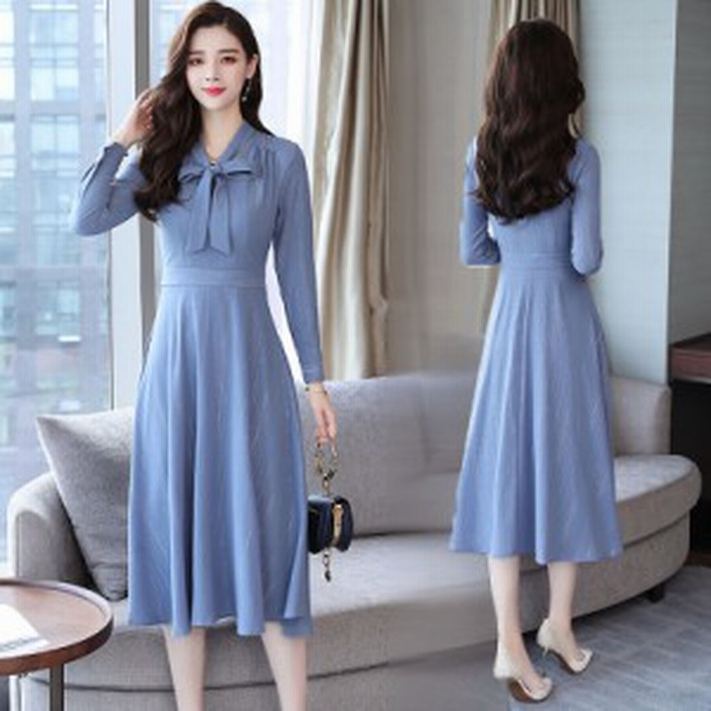ワンピース レディース ハイウエスワンピース 膝下ワンピース 小さいサイズ 長袖 リボンタイ Vネック シンプル フェミニン 青 通販 Lineポイント最大1 0 Get Lineショッピング