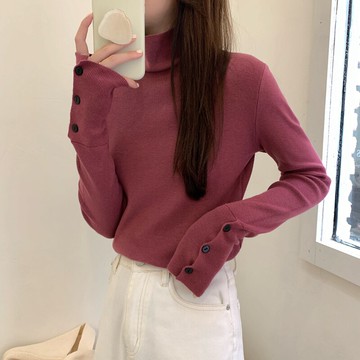 玫紅色針織打底衫女秋冬洋氣2021年新款時尚百搭彈力緊身內搭毛衣