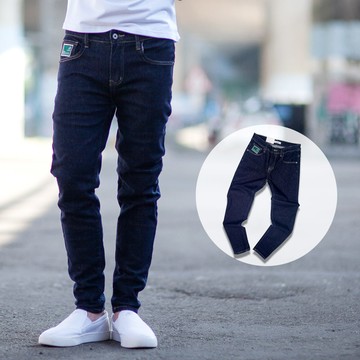 【NB1321J】口袋綠標亮色車線彈性素面深藍牛仔褲休閒褲 (MW6035)