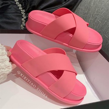 細細條 玫紅色交叉涼拖鞋女夏季網紅時尚外穿增高厚底涼鞋沙灘鞋