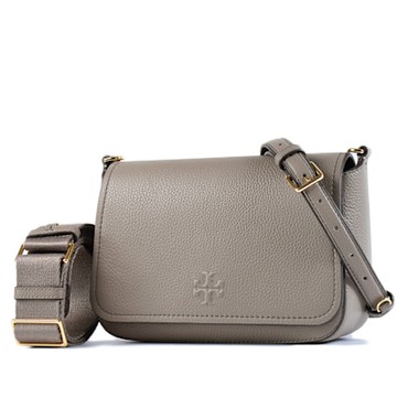 TORY BURCH THEA 荔枝紋雙背帶翻蓋斜背包-灰色