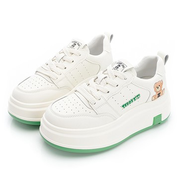 🧸迎新熊好運 限時5折UP｜Teddy Zoo 熊愛塗鴉 真皮增高休閒鞋-白綠(TZ1607)