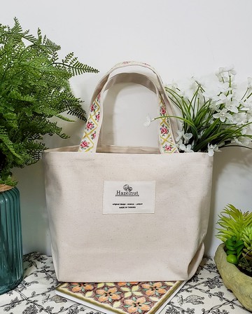 簡約素色米白色黃色小花圖案包包手提托特包小挽袋