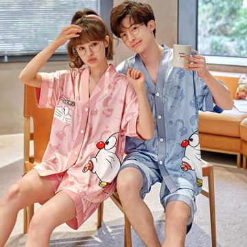 情侶睡衣夏季冰絲短袖短褲INS風卡通可愛薄款男家居服女春秋絲綢