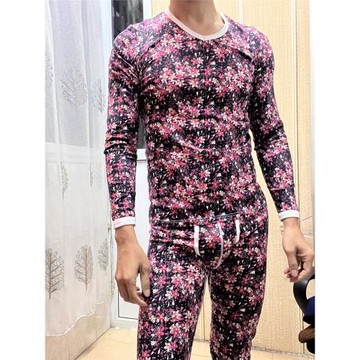 時尚印花秋衣秋褲套裝男士青年薄款純棉緊身低腰囊袋打底保暖內衣