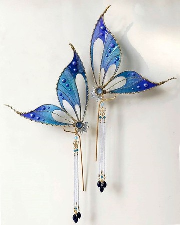 水晶花系列【鏤空藍蝶對釵】~可拆式流蘇