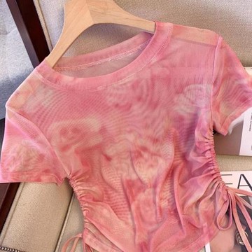專柜撤回剪標水墨畫扎染網紗短袖T恤女夏款收腰辣妹抽繩短款上衣