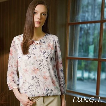 LUNG.L林佳樺 米白柔彩花卉雪紡七分袖女裝上衣 LW63A