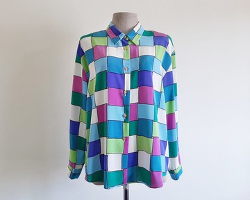 復古撞色印花襯衫 女款長袖領襯衫